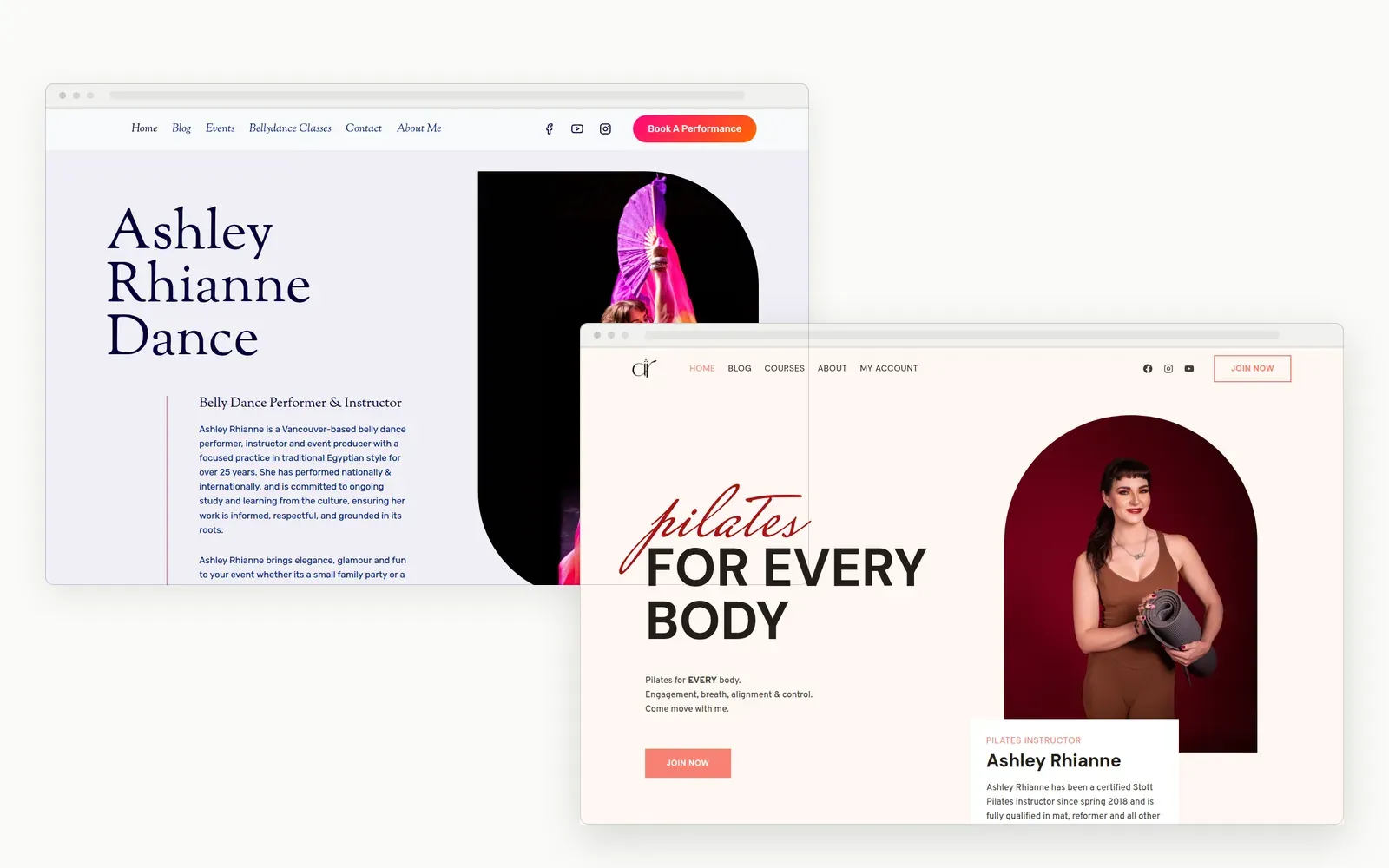 The two sites in browser windows, one behind the other: the dance site with its serif wordmark and a performance photograph, and the Pilates site with its course shop navigation.