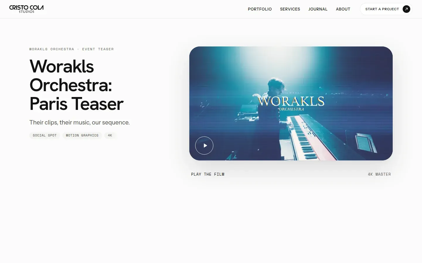A film page on the Cristo Cola Studios site: the title and format tags set in type on the left, and on the right a single video poster with a circular play button in its lower corner.