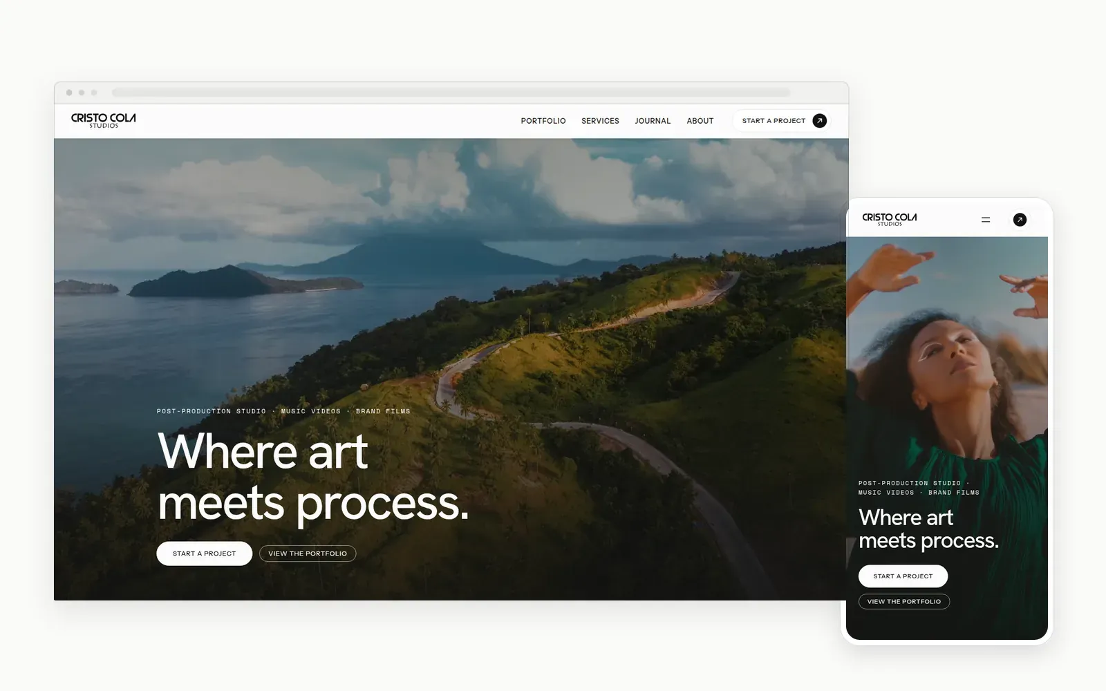 The Cristo Cola Studios site in a browser window beside a phone, each showing a different hero frame from the studio's own footage.