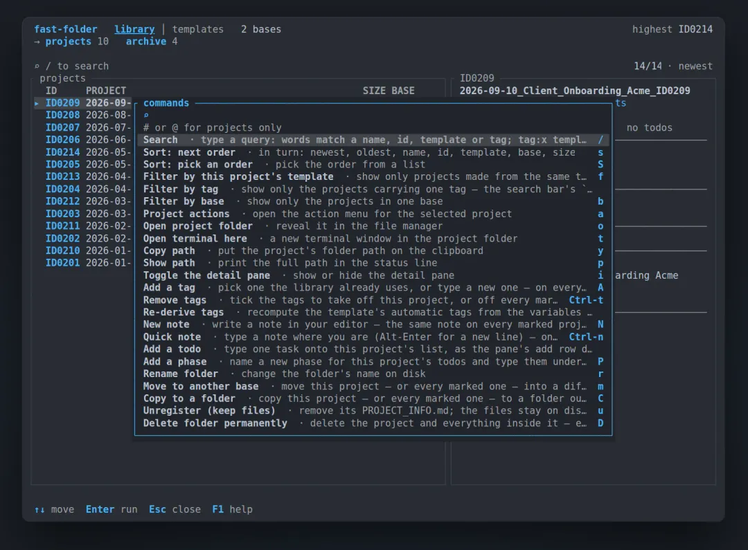 The fastf library with the command palette open over it: a searchable list of actions such as search, sort, filter by tag, open a terminal here, copy the path, add a note, add a todo, move to another base and delete, each with its shortcut key.