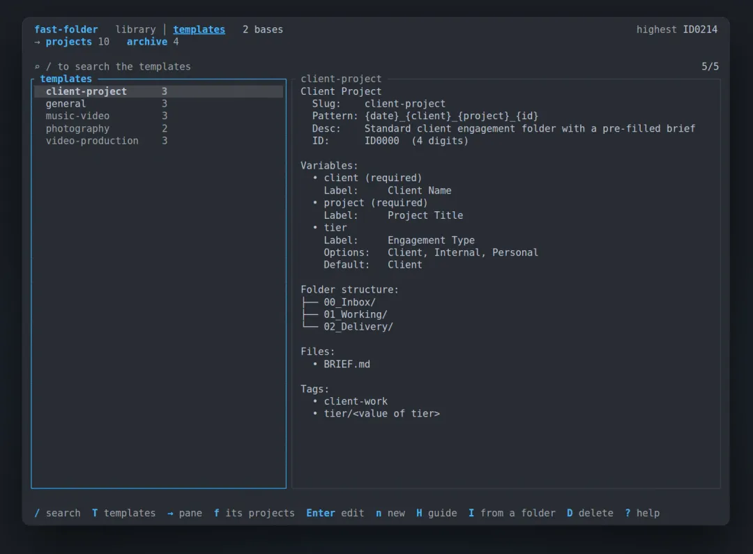 The templates tab in the fastf terminal app: five templates listed on the left, and on the right the client-project template with its naming pattern, its three variables, its folder structure, its brief file and its tags.
