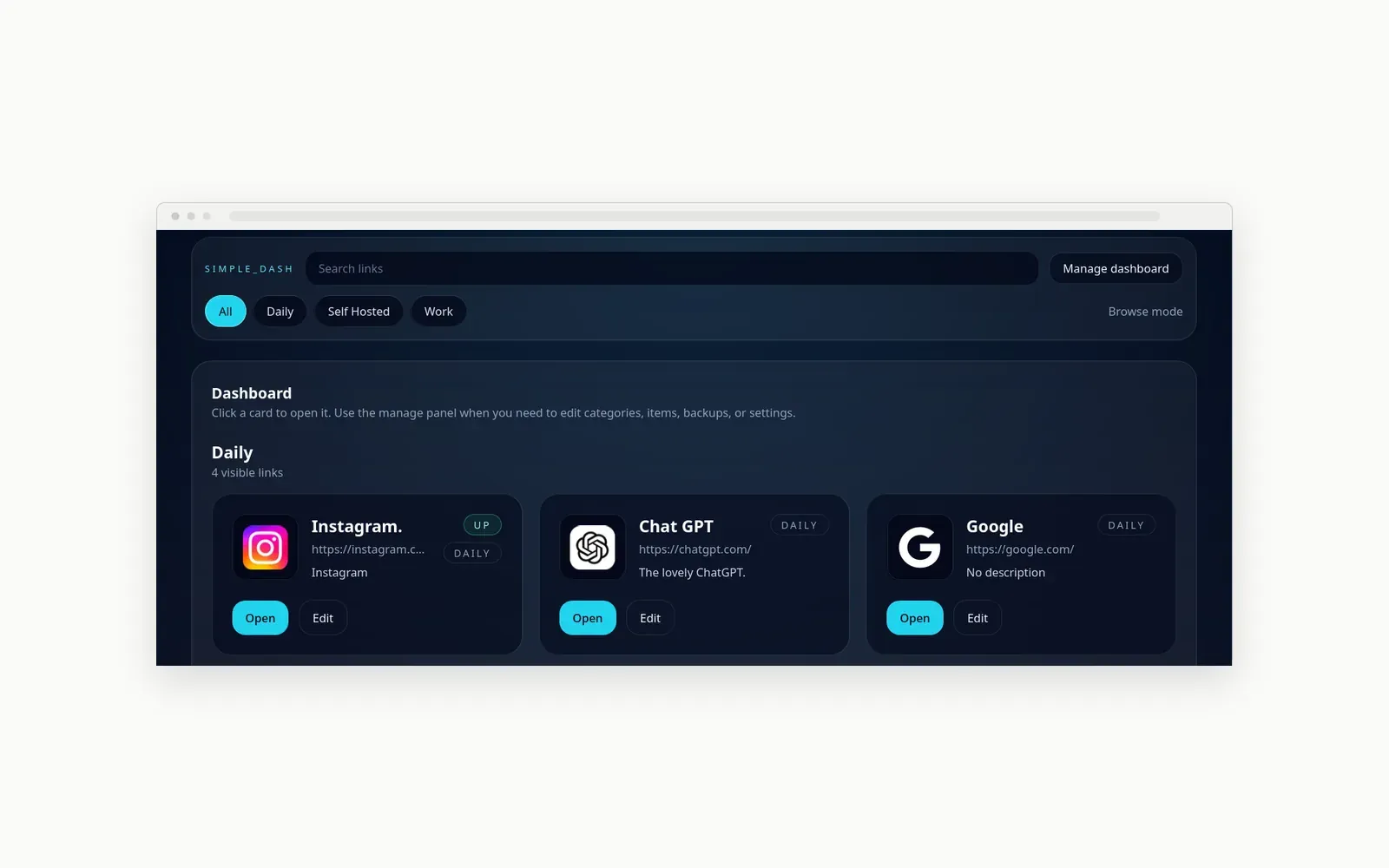 The Simple Dash launchpad in a browser window: a search bar, category filters, and a row of link cards on a dark background.