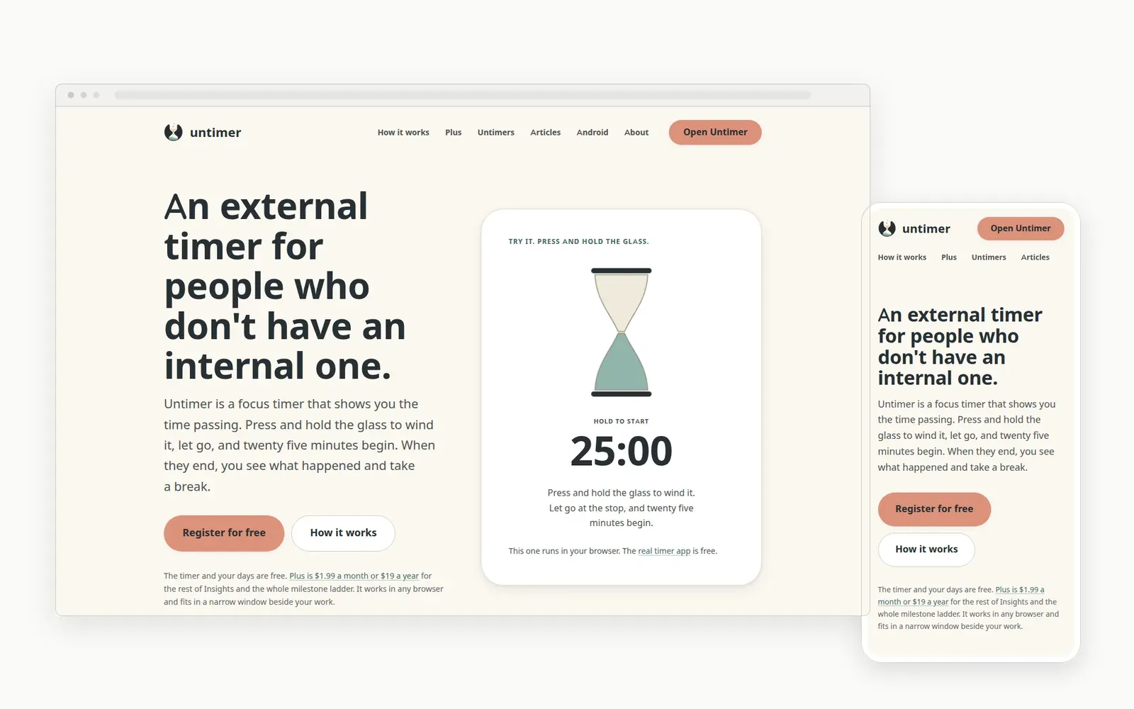 The Untimer landing page in a browser window beside a phone, showing the hourglass and a twenty five minute readout.