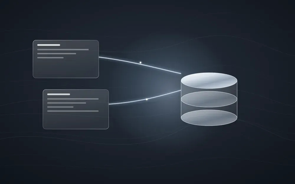 Two glass panels feeding threads of light into a silver database cylinder.