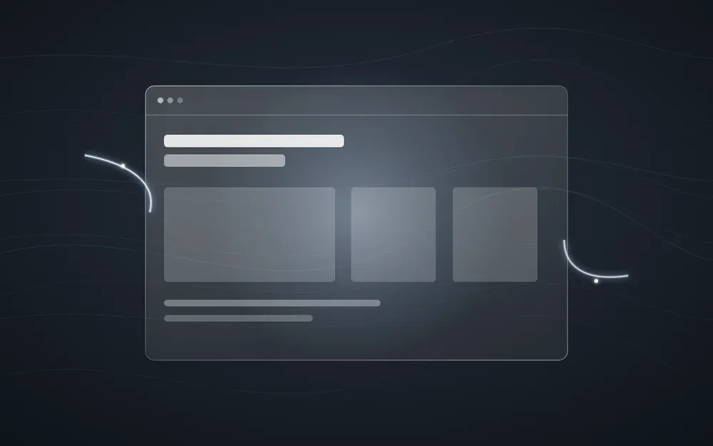 A browser window rendered in glass, holding a page laid out as headings, three blocks, and lines of body text.